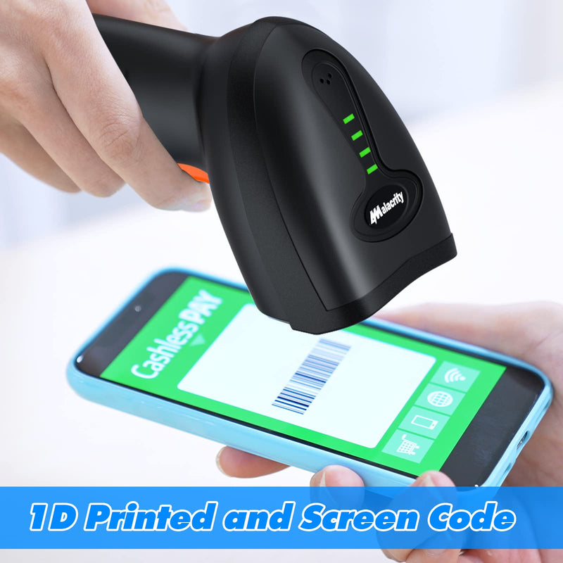 Bluetooth Wireless Barcode Scanner with Stand,Alacrity 3-in-1(Bluetooth & 2.4GHz Wireless & USB Wired) Bar Code Reader,1800mA*H Rechargeable Battery,Automatic Scanning,328Ft Range,16MB Storage Space Bluetooth Barcode Scanner with Stand