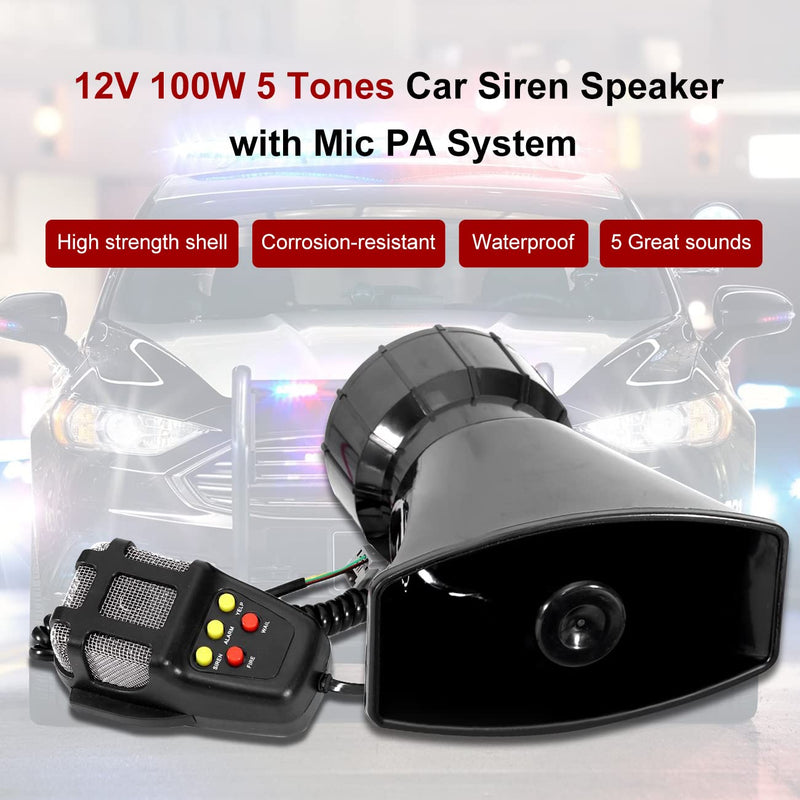 Partol Car Siren Horn 5 Tone Vehicle Siren Speaker with Mic PA Speaker System 12V 100W Emergency Sound Amplifier with Microphone