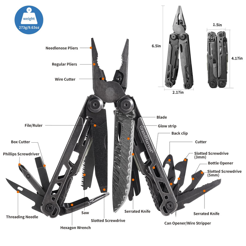 GrandHarvest Multitool, 25-in-1 Spring Loaded Pliers Multi Tool, Each Tools with Safety Lock-Stainless Steel Multi-Tool, Propylene Sheath, Survival Gear for Camping, Hiking, Multi Plier, Pocket Knife