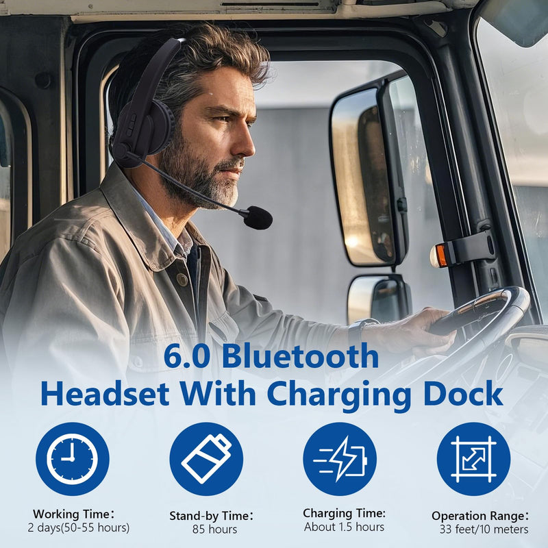 2.4G Trucker Bluetooth Headset with Microphone and Charging Base | V6.0 Wireless Headset for Work, Noise Cancelling Microphone with Charging Base for Work from Home/PC/Computer