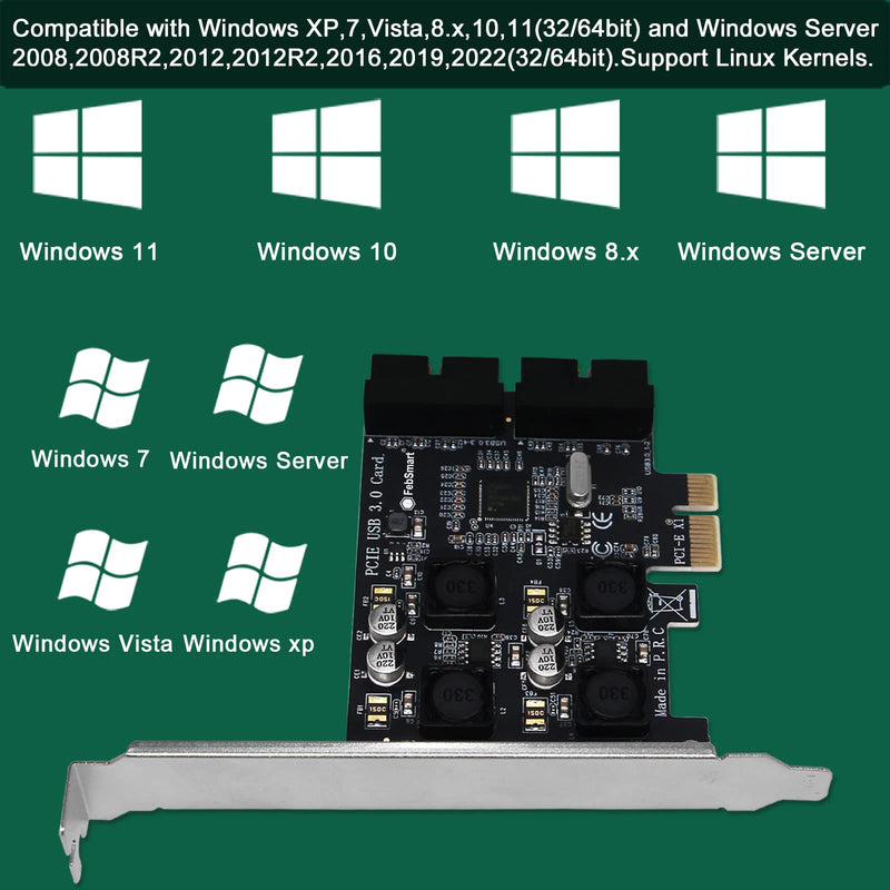 2X 19Pin USB 3.0 Header Ports PCIE USB 3.0 5Gbps Expansion Card for Windows and Linux Desktop PCs, Built in FebSmart Self-Powered Technology, No Need Additional Power Supply (FS-H2-Pro) FS-H2-Pro
