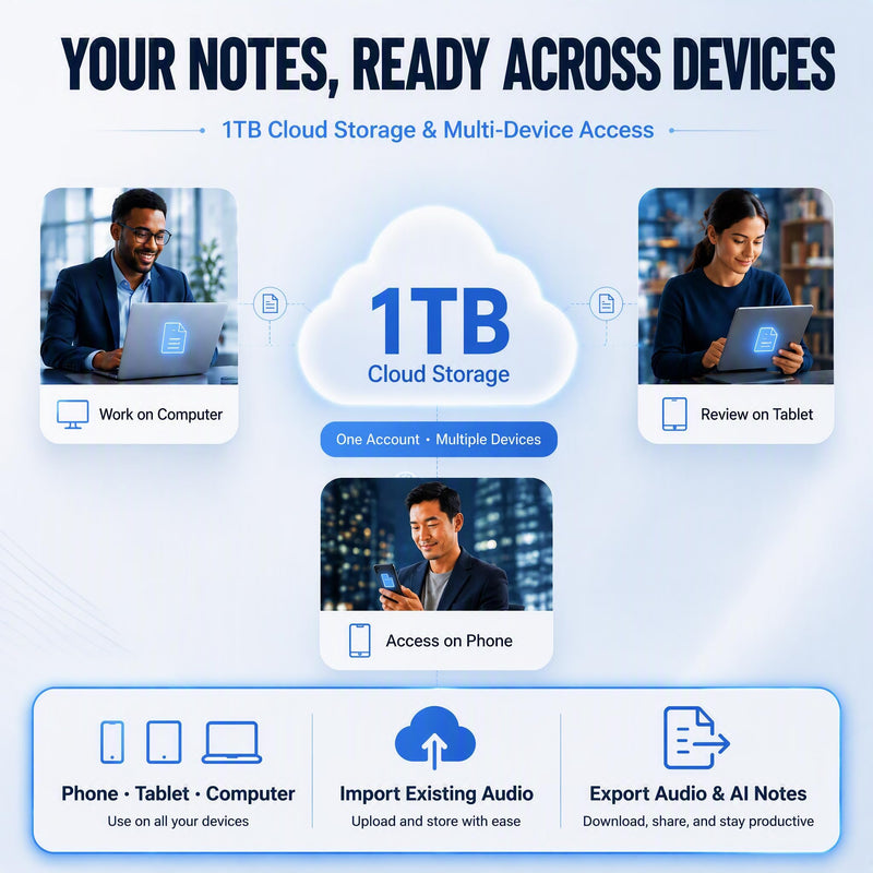 AI Voice Recorder with Transcribe & Summarize for Meetings, Study & Work | AI Note Taker for Productivity, 100+ Languages, 360° Magnetic Phone Stand, Edit Speakers, 1TB Cloud Multi-Device Sync Black