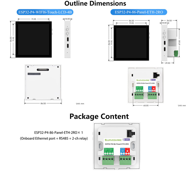 ESP32-P4 Smart 86 Box Development Board, Based On ESP32-P4 Controller, Onboard 4inch 720 x 720 Touch Display,Onboard Ethernet Port + RS485 + 2-CH Relay, Supports AI Voice Interaction
