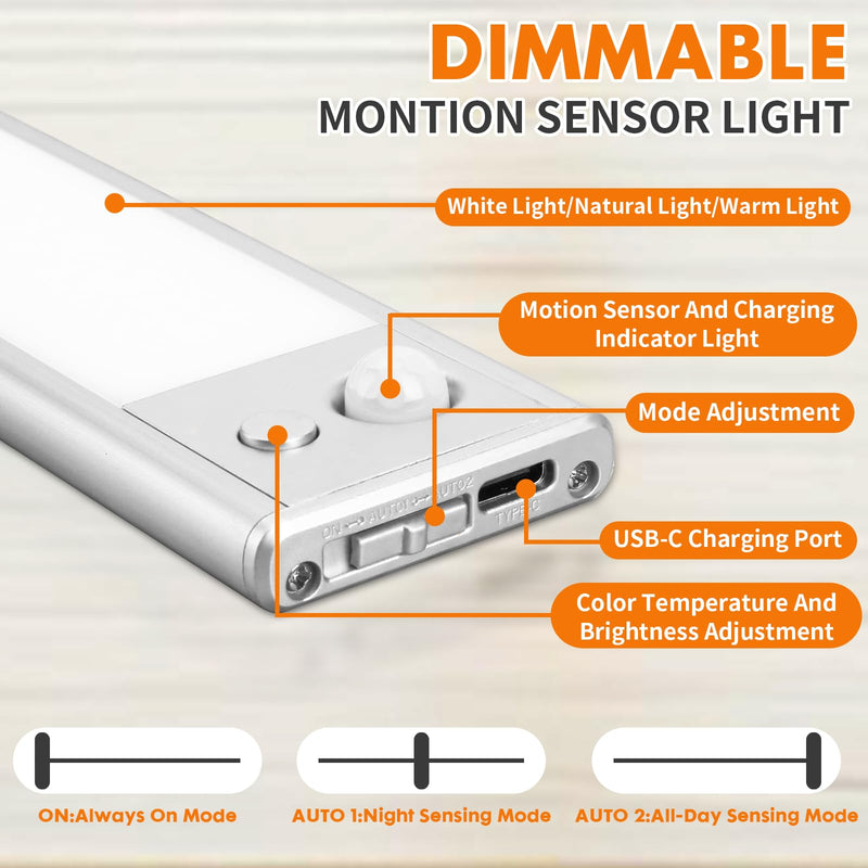 15.7 Inch 148 LED Under Cabinet Lighting,3 Color Temperatures Dimmable Closet Lights Motion Sensored,3000mAh Battery Closet Lights,Lights for Under Cabinets in Kitchen,Wardrobe,Stairs 15.7 Inch 3000mAh 2 Pack