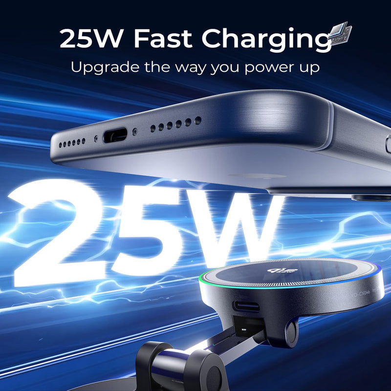 Qi2.2 Magnetic Car Mount Charger,25W Fast Wireless Charging Stand with RGB Light,360° Rotating Suction Phone Holder for Your Car,Compatible with iPhone 12-17,S26/S25