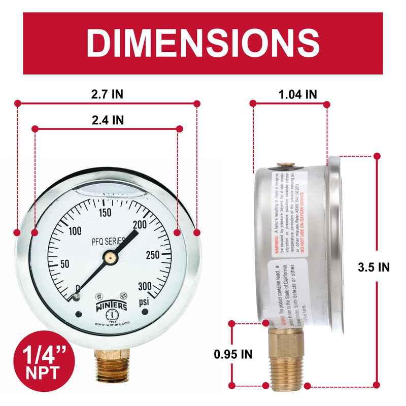 Winters 2-1/2" Dial Size, Liquid Filled Industrial Pressure Gauge, Brass Internals, 304 Stainless Steel Case, Single Scale 0-300 psi, 1.5% Acc, 1/4" NPT Bottom Mount, Glycerin Filled Pressure Gauge 0/300 PSI