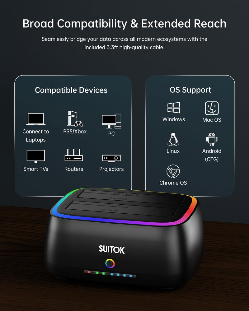 Dual Bay SATA Hard Drive Cloner Dock USB C 5Gbps | 2.5" 3.5" | 40TB | HDD SSD Docking Station, Offline Duplicator External Data Reader Storage Backups Recovery RTL9201DP RGB Light for Laptop PC Black [STK11 6Gpbs Dual Bay SATA Dock]