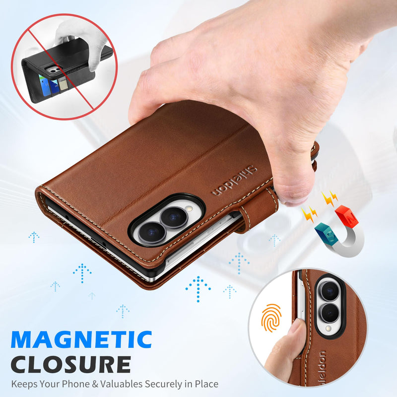 SHIELDON Genuine Leather Wallet Case for Galaxy Z Fold 8 7.6", Retro Brown | Magnetic Closure, RFID Blocking, Credit Card Holder, Kickstand, Folio Design, Shockproof Protective Cover for Men Women