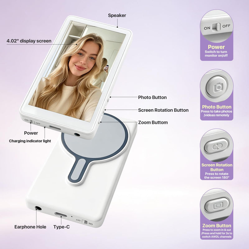 Touch Selfie Monitor Screen for iPhone 17, Magnetic Back Camera Monitor | 4K 60fps Recording, 180° Rotation, Built-in Speaker, Remote Control, 4.02" Vlog Screen for iPhone 17/16/15/14/13/12 & Android