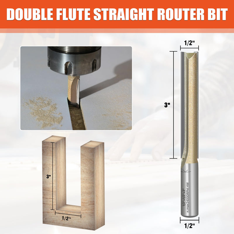 EASEWORK TOOL 1/2" Shank Straight Router Bit, Professional-Grade Carbide Tipped, 1/2" Cutting Diameter × 3" Cutting Depth for Woodworking Grooving, Dadoing & Edge Routing 1/2"(Dia.)*3"(Depth)