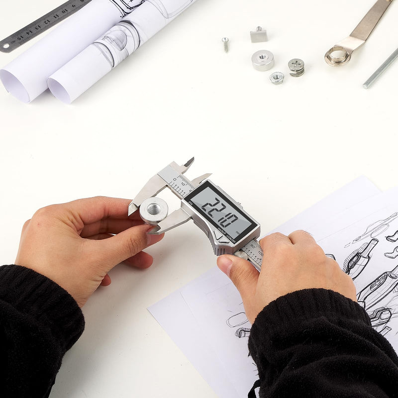 Adoric Digital Caliper, Caliper Measuring Tool Stainless Steel Vernier Caliper Digital Micrometer with Large LCD Screen, Easy Switch from Inch Metric Fraction, 0-6" Caliper Tool for DIY/Household 6" SS-Large LCD