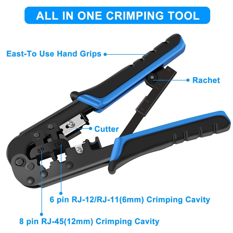 RJ45 Crimping Tool Kit Ethernet Crimp Set, RJ-11, 6P/RJ-12, 8P/RJ-45 Crimp, Cut and Strip with 20PCS CAT5 CAT5e Connectors, Covers,1 Network Cable Tester 1 Wire Stripper JN-1
