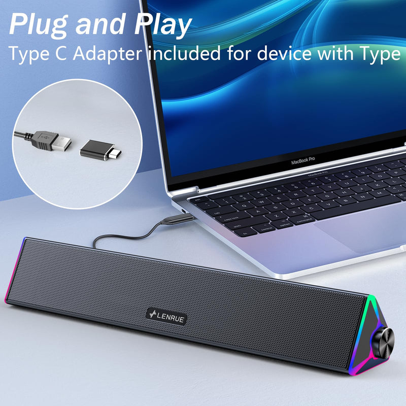 LENRUE Computer Speakers for Desktop,PC Speakers with Single USB for Power and Stereo Sound,Touch Lights Gaming Speakers Sound bar for Desktop PC Monitor Laptop(USB-C Adapter Included) Black