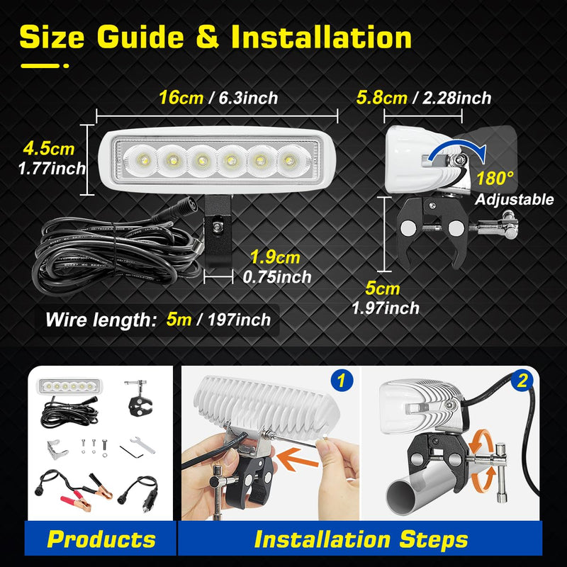 WFPOWER LED Boat Lights with Mounting Clamp, Flexible 6.3inch Super Bright Waterproof Marine Spotlights Flood Light Two Way Power 12V 24V LED Light Bar for Kayak Bass Jon Fishing T-Top Deck Truck Light Bar Clamp On