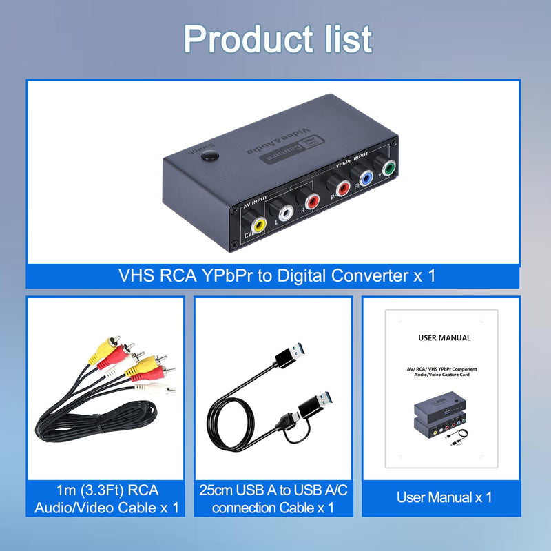 VHS VCR RCA to Digital Converter, AV YPbPr Component to USB Video Capture | AV RCA YPbPr Component signal input, USB 2.0 Digital output Applicable for VHS VCR DVD DVR retro game consoles