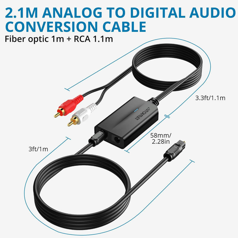 AUTOUTLET RCA to Optical Converter - 48Khz, Analog to Digital Audio Converter with Built-in 1.1m RCA Male Cable for Record Player, Turntable, CD Players