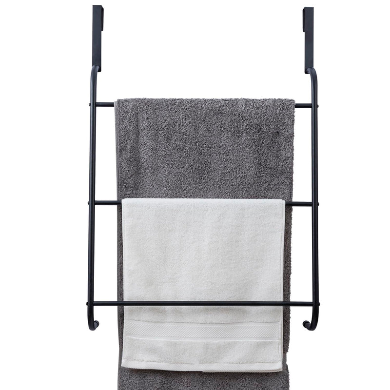 MyGift Over the Door Towel Rack, 3 Tier Modern Triple Towel Holder, Space Saving Bathroom/Laundry Room Clothes Drying Rack, Over Cabinet Towel Bar Hanger, Matte Black Metal Metal Black