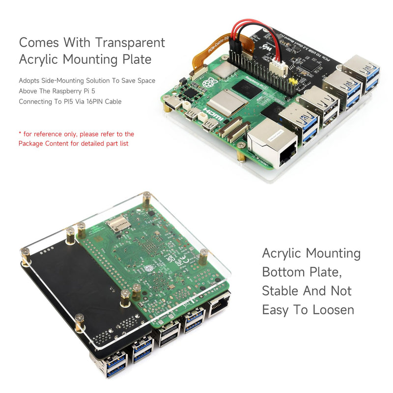 Waveshare PCIe to 4-Ch USB3.2 Gen1 Board (C), Compatible with Raspberry Pi 5, Up to 5Gbps Transmission Speed, No Driver Required, Plug and Play