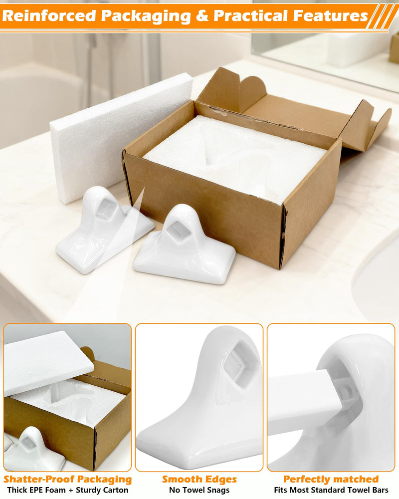IWIWE 2 Pcs White Ceramic & Porcelain Towel Bar Brackets - Vintage Retro Towel Rack Post Holder | Mid Century Modern Bathroom & Kitchen Accessory, Flat Back, Rod Not Included