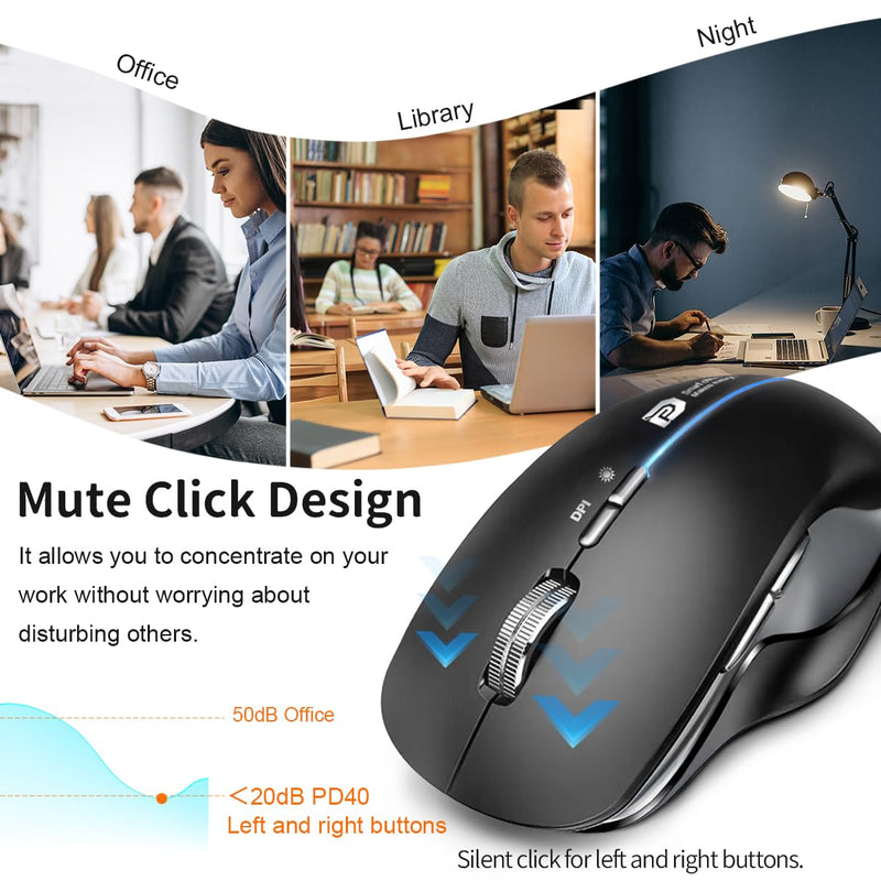 Wireless Ergonomic Mouse Bluetooth 2.4G Rechargeable | Ergonomic Grip, Silent Click, RGB Backlit, 5-Level DPI 1000-6400, USB-C Charging, Side Buttons, for PC/Laptop/Mac/iPad Black