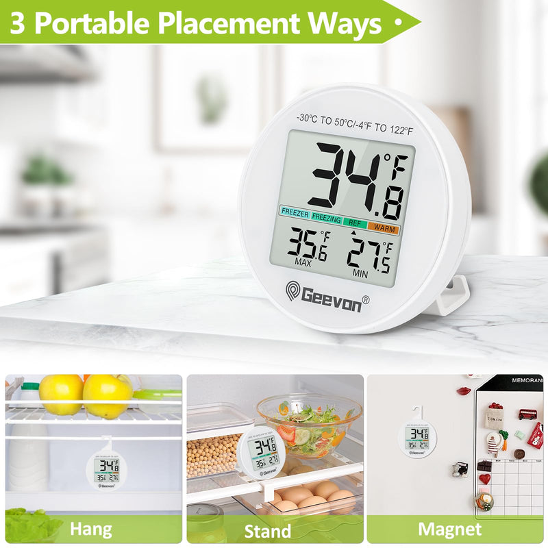 Geevon Small Digital Refrigerator Thermometer 3 Pack, IP65 Waterproof Commercial and Home Use, Max/Min Record Function with LCD Screen, Stand and Magnetic Back, for Fridge, Freezer Scenarios 8724