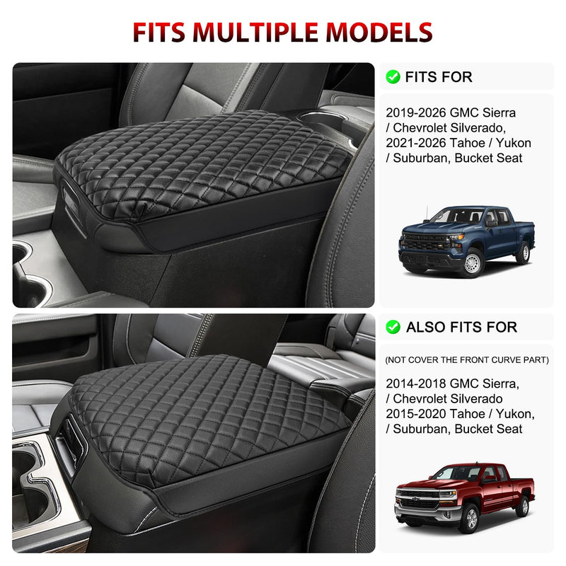 KBH Center Console Armrest Cover for Chevy Chevrolet Silverado & GMC Sierra 2019-2026, Tahoe & Suburban & Yukon 2021-2026, Bucket Seat Only, Vinyl Leather Car Arm Rest Box Cushion Pad Covering, Black Bucket Seat 2019-2026 Silverado, Sierra etc.