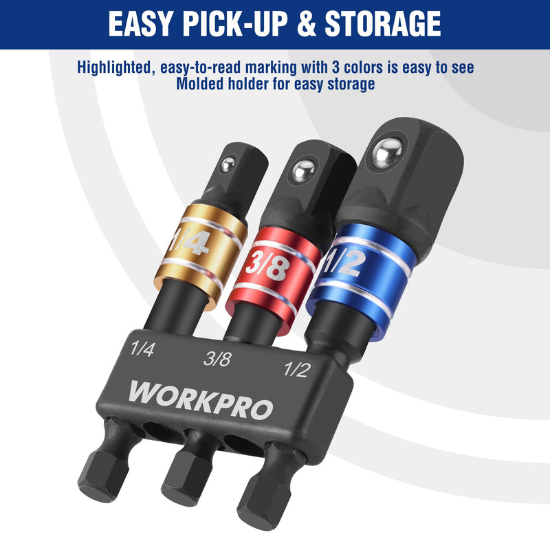 WORKPRO Impact Grade Socket Adapter Set, 1/4", 3/8", & 1/2" Drive, Extension Driver Bit With Holder, for Power Drill to High Torque Impact Wrench 3PCS