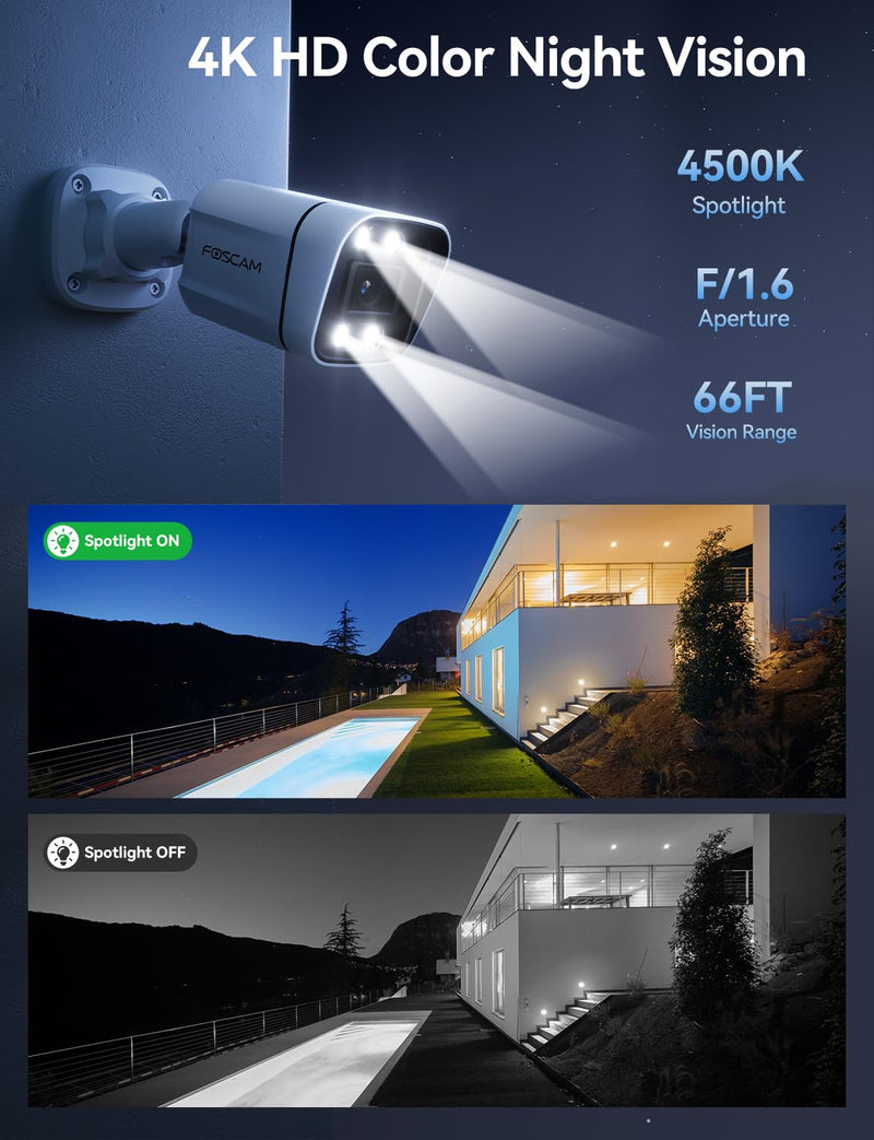 FOSCAM 4K 8MP IP PoE Security Cameras Wireless Outdoor, V8EP Surveillance Camera for Home Security, 120° FoV, 20x Zoom, AI Detect Human/Vehicle, 66FT Color Night Vision,Siren Alert,2-Way Audio,IP66 8MP POE Cam