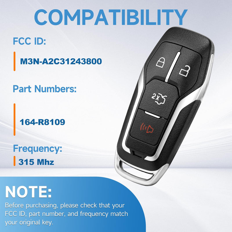 Smart Key Fob Replacement Remote fits for Ford Fusion 2015-2016 Edge Explorer 2016-2017 Mustang 2015-2017 Car Keyless Entry Remote M3N-A2C31243800 164-R8109 315Mhz 49
