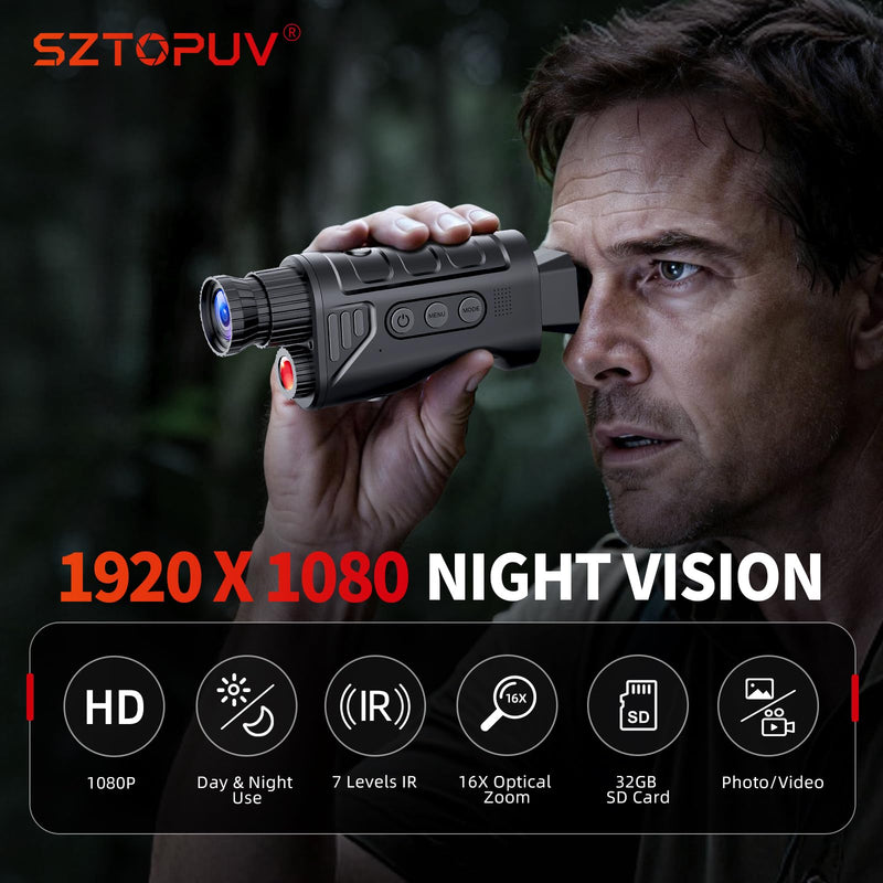 Infrared Night Vision Monocular, Nightvision Goggles Scope for Outdoormen | 16X Digital Zoom, Camera Shooting & Video Recording, 7 Levels IR, Day and Night Use, 32GB SD Card Included