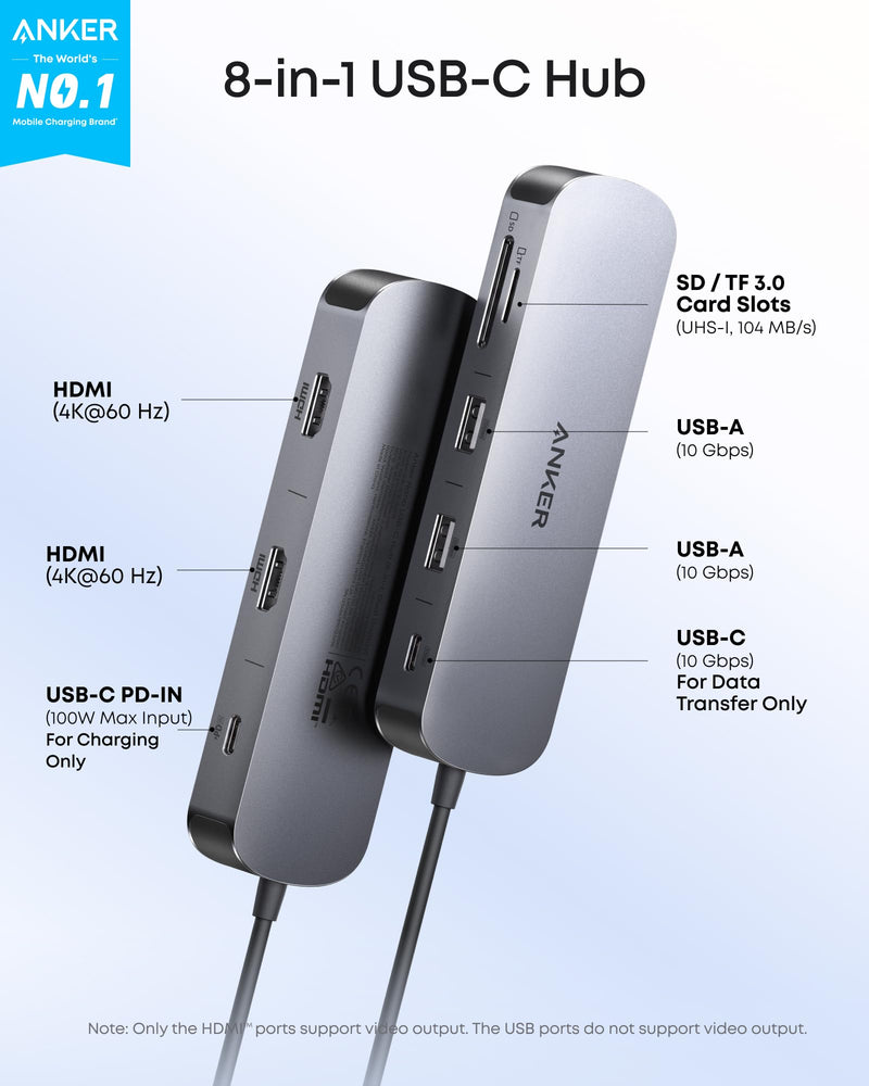 Anker Nano Laptop Docking Station Dual Monitor,8-in-1 USB C Hub for Windows | Dual 4K@60Hz for DP 1.4, 10Gbps USBC & USBA Data Ports, 85W PD, SD/TF Card Reader, for Dell, Lenovo, HP
