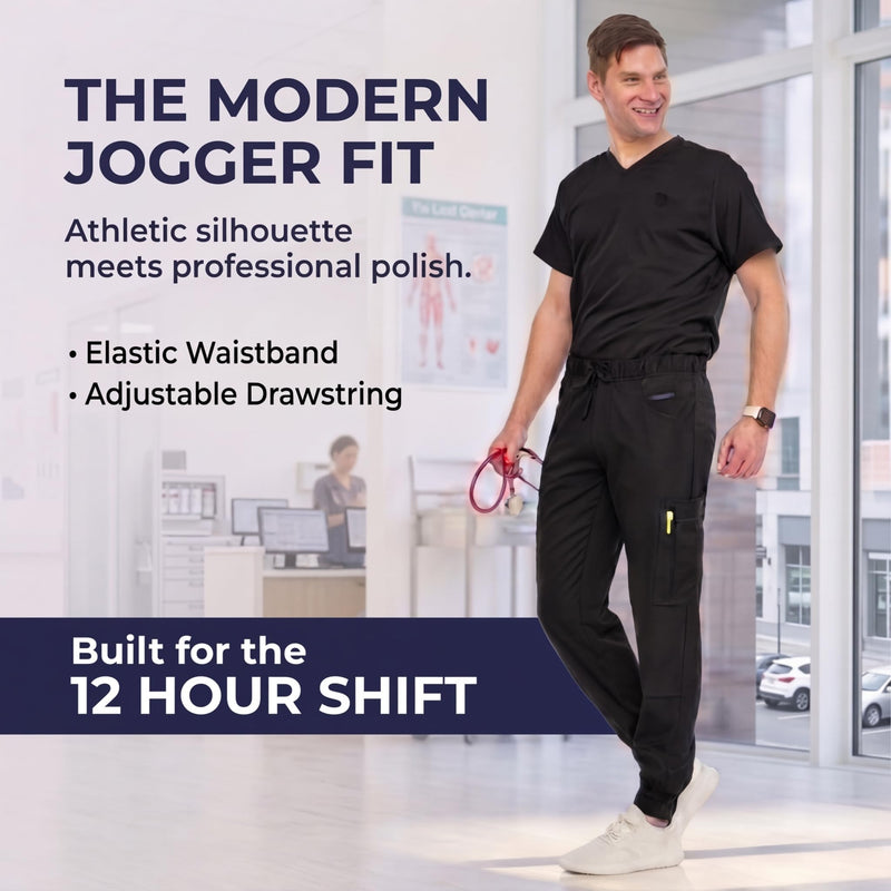 Medichic Men's Workwear Stretch V-Neck Scrub Joggers Set with Seven-Pocket Pants, Available in 6+ Colors Black Medium