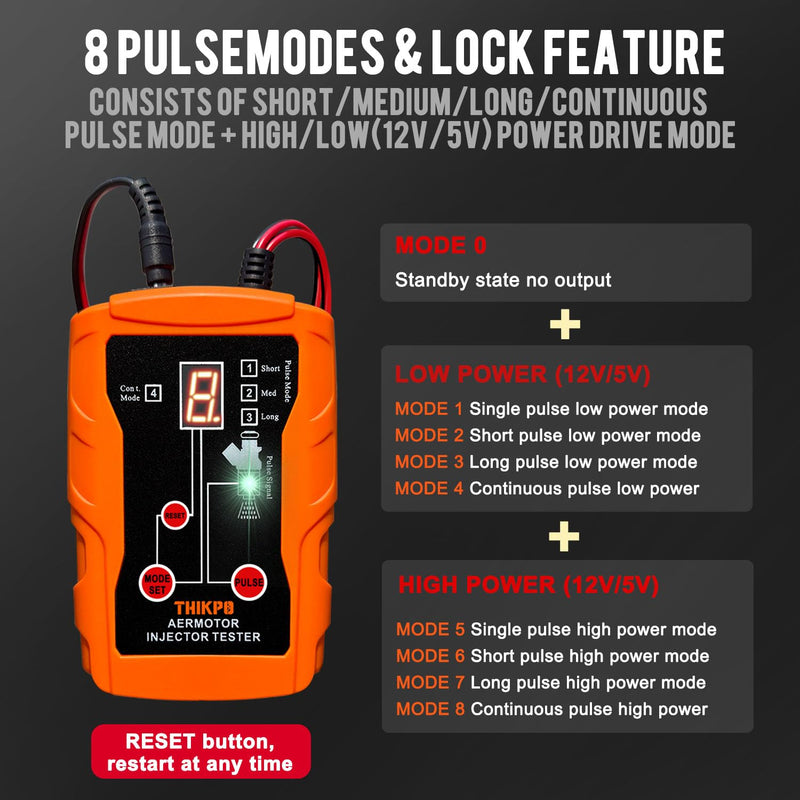 THIKPO Fuel Injector Tester and Cleaner Tool Kit, DIY Cleaning Tool Kit, 8 Pulse Modes for Injector Tester, 2 Fuel Injectors Simultaneously Test, 4 Size Cleaning Adapters, 12V/5V Output Power Orange
