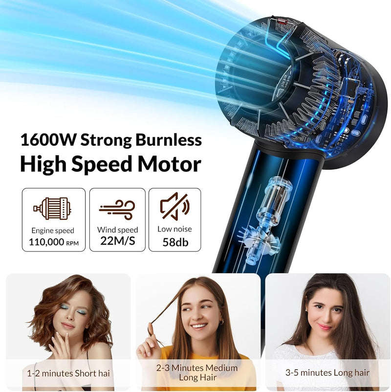  [AUSTRALIA] - Chignon Ionic Hair Dryer with Diffuser - 110,000 RPM Brushless Motor, 1600W Blow Dryer with Temperature Display & Magnetic Attachments, Low Noise for Salon Styling