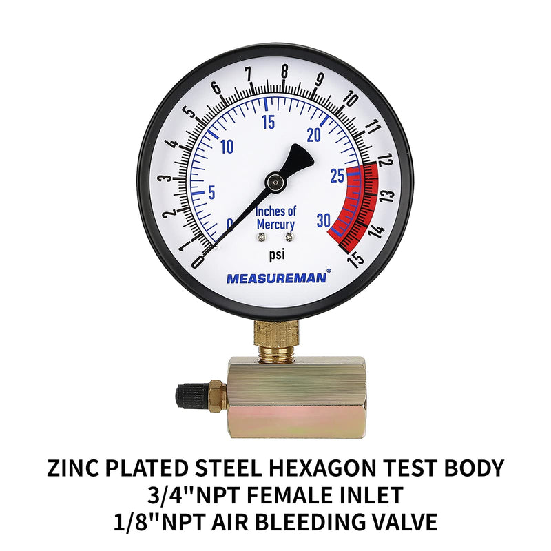 MEASUREMAN 4" Steel Gas Pressure Test Gauge Assembly, 3/4" FNPT Connection, 0-15Psi/0-30InHg, 1.6% Accuracy, 0-15Psi/0-30InH2O