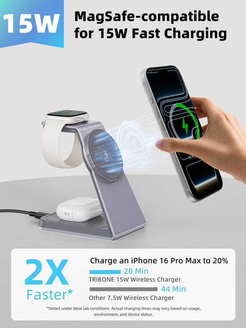 TRIBONE 3 in 1 MagSafe Wireless Charging Station for iPhone Watch AirPods | Qi2 certified 15W fast magnetic charging. For iPhone 17/16/15/14/13/12, AirPods Pro, Apple Watch Ultra.