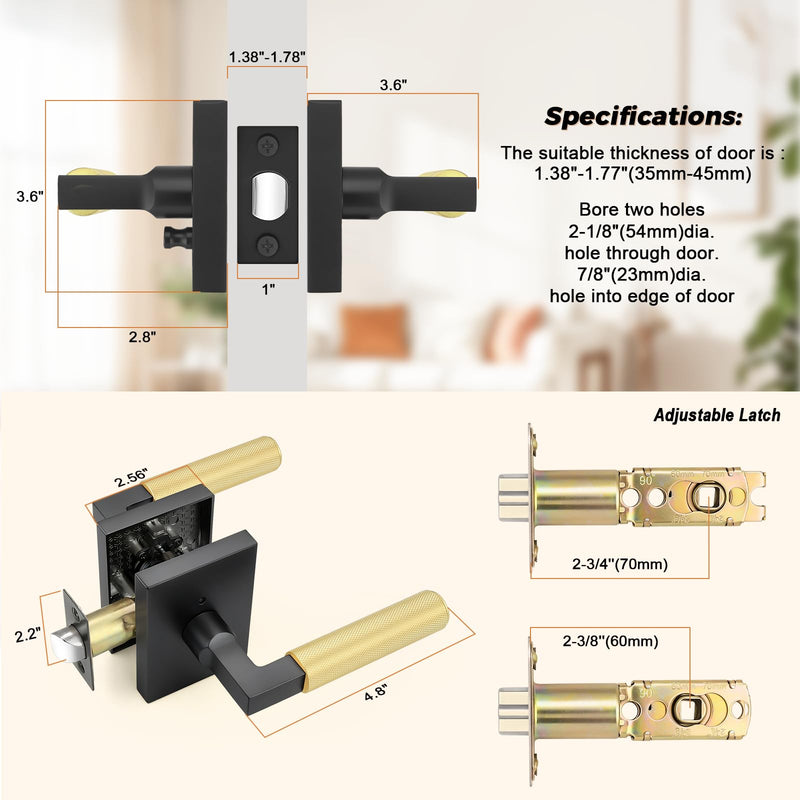 Probrico Brushed Gold Door Handles with Black Lever, Knurled Privacy Door Handle with Push Button Lock for Bedroom or Bathroom, Modern Interior Door Handle, Heavy Duty Keyless Privacy Lever Matte Black&Gold 1