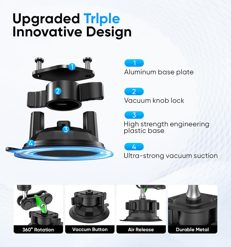 MAGIC JOHN Car Phone Holder, Ultra-Durable Mteal Phone Holders for Your Car, 360° Rotation Cell Phone Car Mount for Windshield, Suction Cup Car Phone Mount for iPhone Samsung All Smartphone Extended