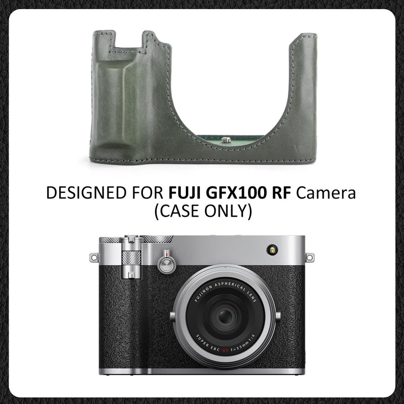 MUZIRI KINOKOO Fuji GFX100 RF Case, Genuine Leather Protective Half Case Compatible for Fuji GFX100 RF/GFX100RF Digital Camera - with Opening Bottom and Hand Grip Design - Green