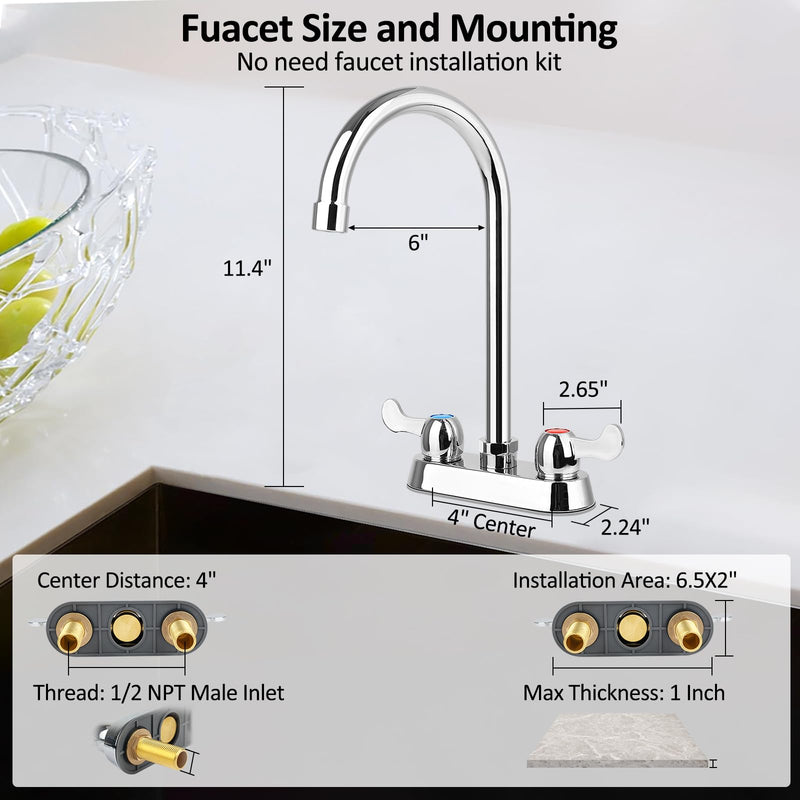 4" Center Commercial Bar Sink Faucet, 2-Hole Deck Mount Utility Sink Faucet with 6" Gooseneck Swivel Spout & Dual Lever Handles for Laundry Tub RV Bar Sink, Brass Constructed, Chrome