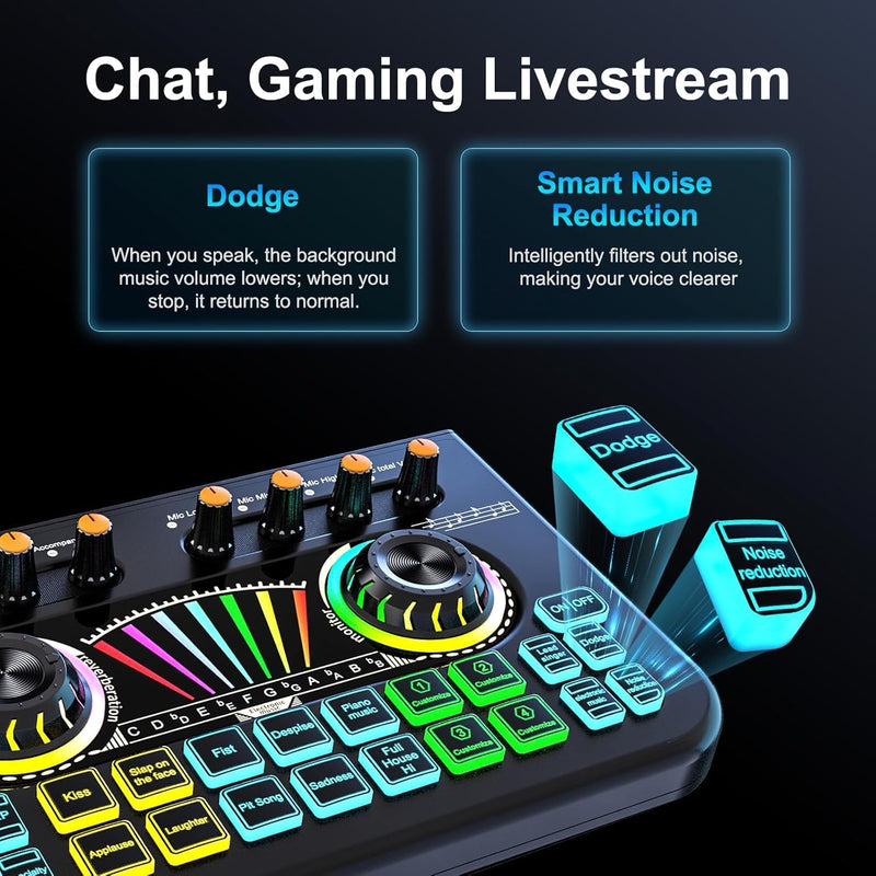Gaming Audio Mixer Sound Board Mixer w USB Audio Interface Voice Changer, All-in-One Podcast Live Sound Card for Streaming w Soundboard Customizable Soundpads for PC Smartphone Recording Broadcasting BYS-X3-LBACK