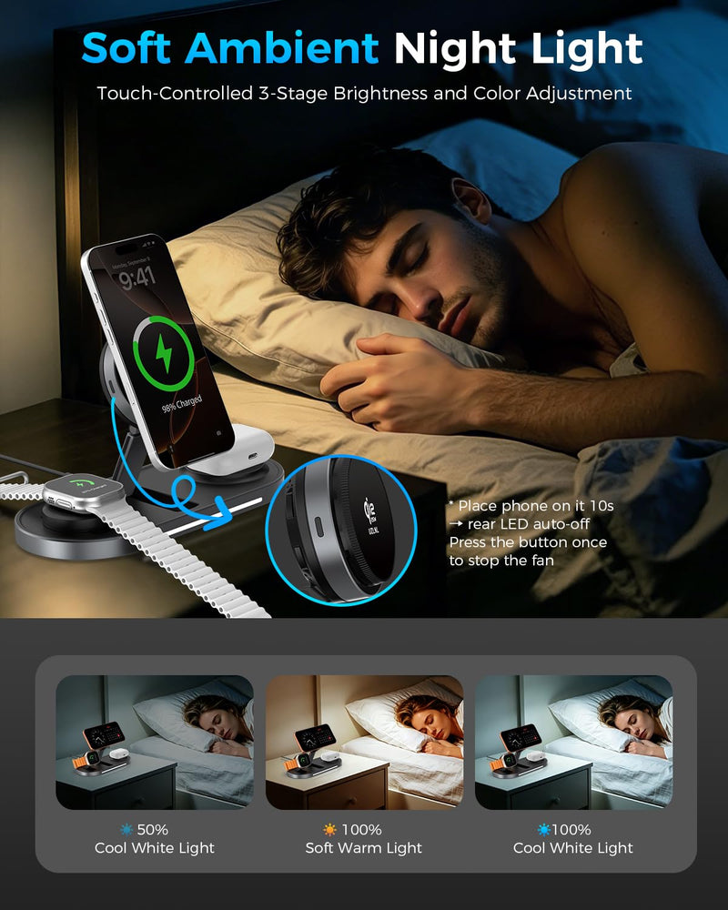 25W 3 in 1 Wireless Charging Station for Qi2.2 Magsafe Charger for Apple | for iPhone 17 16 15 14 Pro Max,Apple Watch,Airpods,Foldable Charging Stand, Cooling Fan, Multi Device Charging, Travel, Black