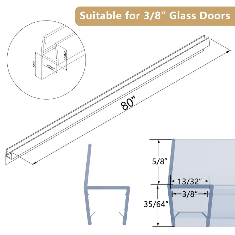 2-Pack Frameless Shower Door Seal Strip, 80" Long Shower Door Side Seal for 3/8" (10mm) Thick Glass – Prevent Leaks & Create a Waterproof Barrier Clear A - 2Pack 80 Inch for 3/8 Inch (10mm) Glass