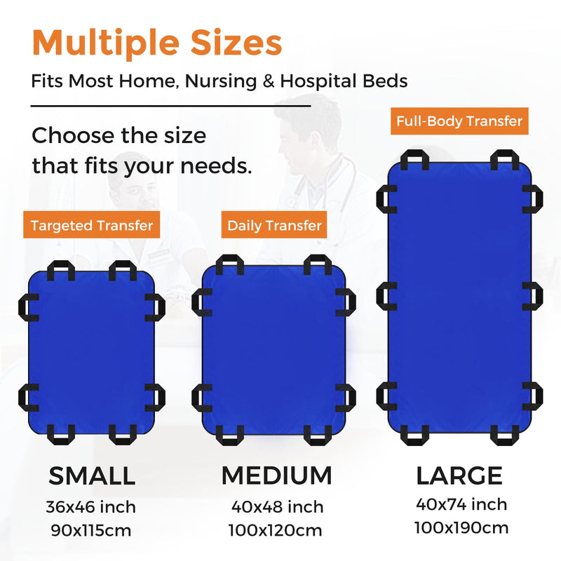 YHK Positioning Bed Pad, Draw Sheet, 8 Reinforced Handles, Reusable & Washable Transfer Sheet for Turning, Lifting, Repositioning, Lightweight Double-Sided Nylon Fabric (Blue, 36"x 46") 36''x46''