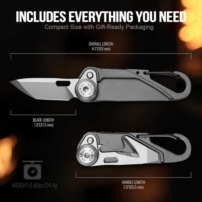 TACRAY Vinto 5-in-1 Titanium Small Pocket Knife – Ultra-Light Mini EDC Multitool Utility Knife with Folding Blade, Seatbelt Cutter, Bottle Opener & Screwdriver, Compact Everyday Carry Grey-Ti