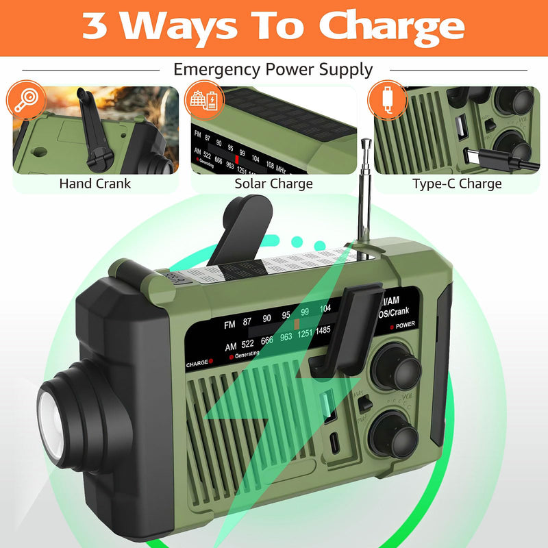 Weather Radios Alerts Portable AM FM, Emergency Outdoor Radio Solar/Hand Crank/USB Charging,Battery Operated,SOS Alarm/Flashlight/LED Radio