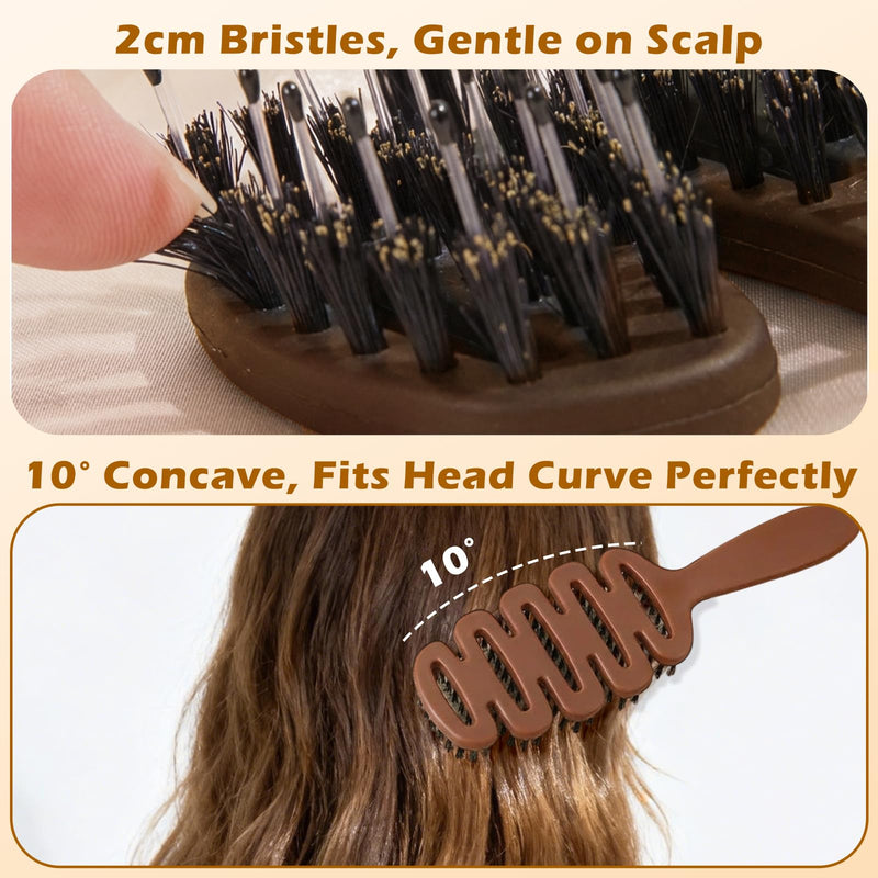 Bristle Hair Brush, Slick Back Styling Brush with 10° Concave Design, 5-Hole Hot Air Flow for Quick Drying, Detangling & Anti-Frizz, Scalp Massage Hairbrush Suitable for All Hair Types Brown