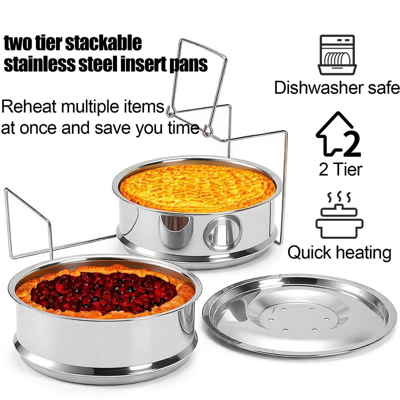 WUWEOT Stackable Steamer Insert Pans, 7.8 Inches Stainless Steel Pot-in-Pot Baking Pan, 2 Tier Pressure Cooker Accessories with Sling Handle and Silicone Gloves for Instant Pot
