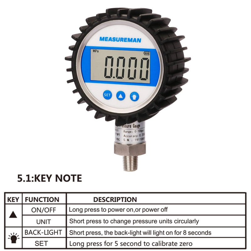 MEASUREMAN 3-1/8" Dial Size, Digital Pressure Gauge, 0-5000psi/bar/Mpa/Kpa, 1/4" NPT Lower Mount, 0.25% Accuracy