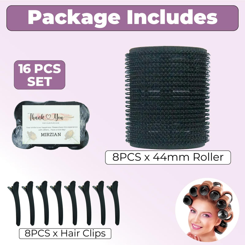 16 Pcs Jumbo Hair Rollers Set - 8 Heatless Self Grip Curlers, 8 Duckbill Clips, Black Hair Curlers for Long Hair,No Heat Rollers (44mm), Pack of 1